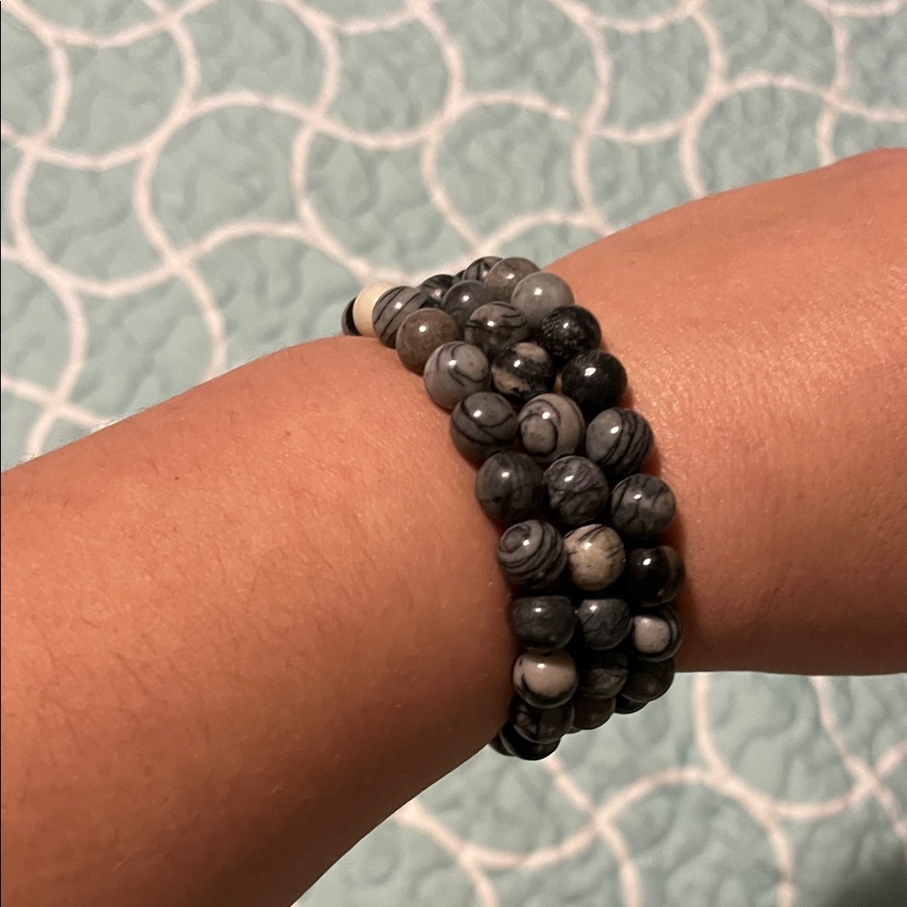 Handcrafted Black and Gray Jasper Stone Beaded Stretch Bracelets Set of 3